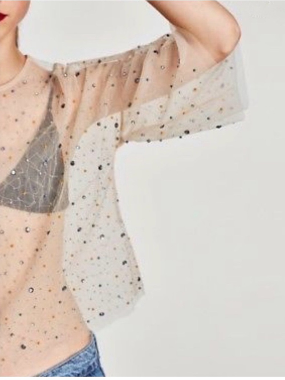 Zara Tulle Blouse featuring multi-colored jewel and bead appliqués. Size L - Picture 3 of 10